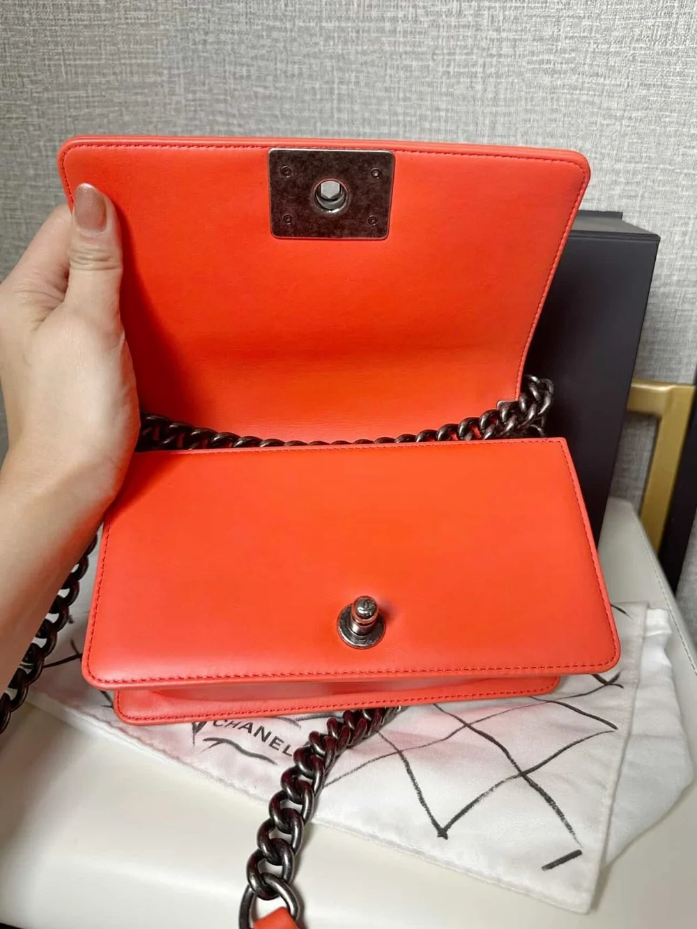 CHANEL Quilted Chevron Leather Boy Bag - Coral
